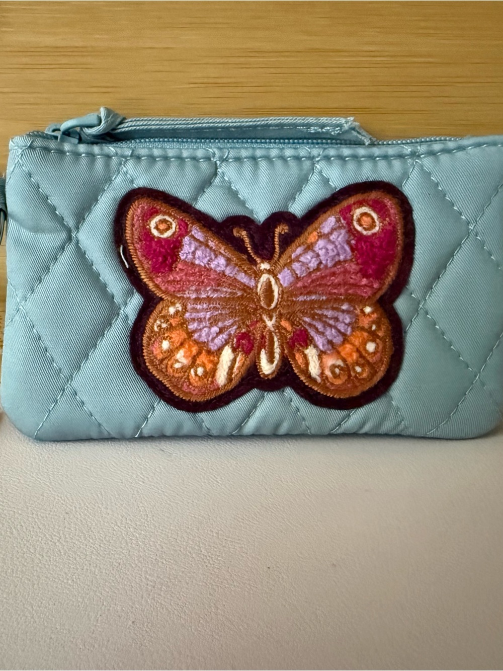 Vera Bradley Light Blue Quilted Wristlet with Embroidered Butterfly